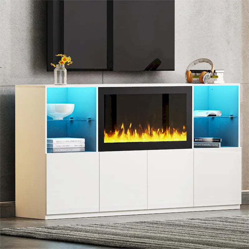 Meuble TV avec cheminée électrique non chauffante de 34,2", meuble de divertissement avec lumières LED, étagères en verre trempé pour TV jusqu'à 75"