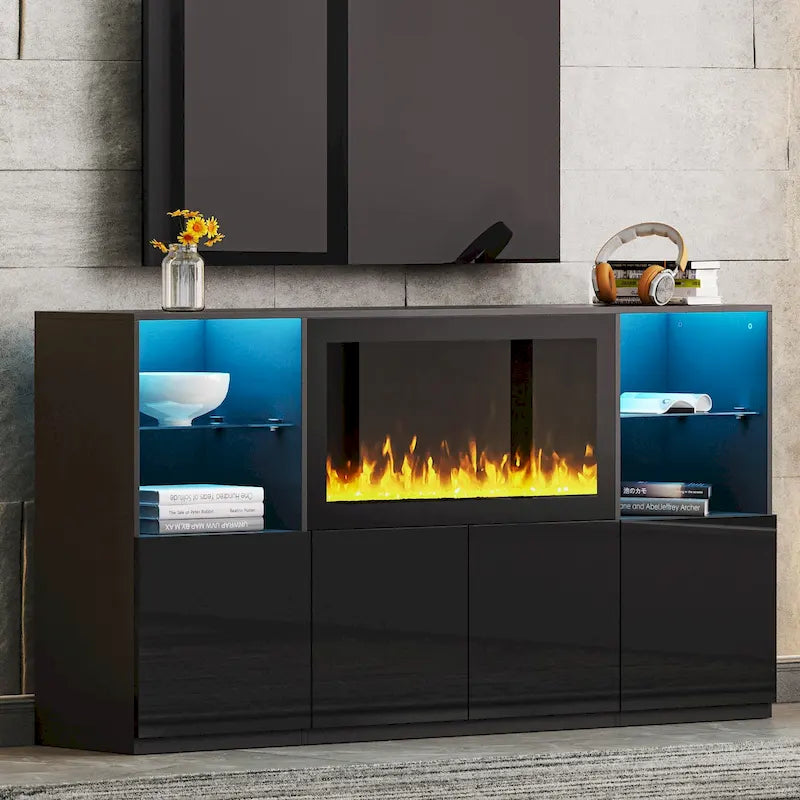 Meuble TV avec cheminée électrique non chauffante de 34,2", meuble de divertissement avec lumières LED, étagères en verre trempé pour TV jusqu'à 75"