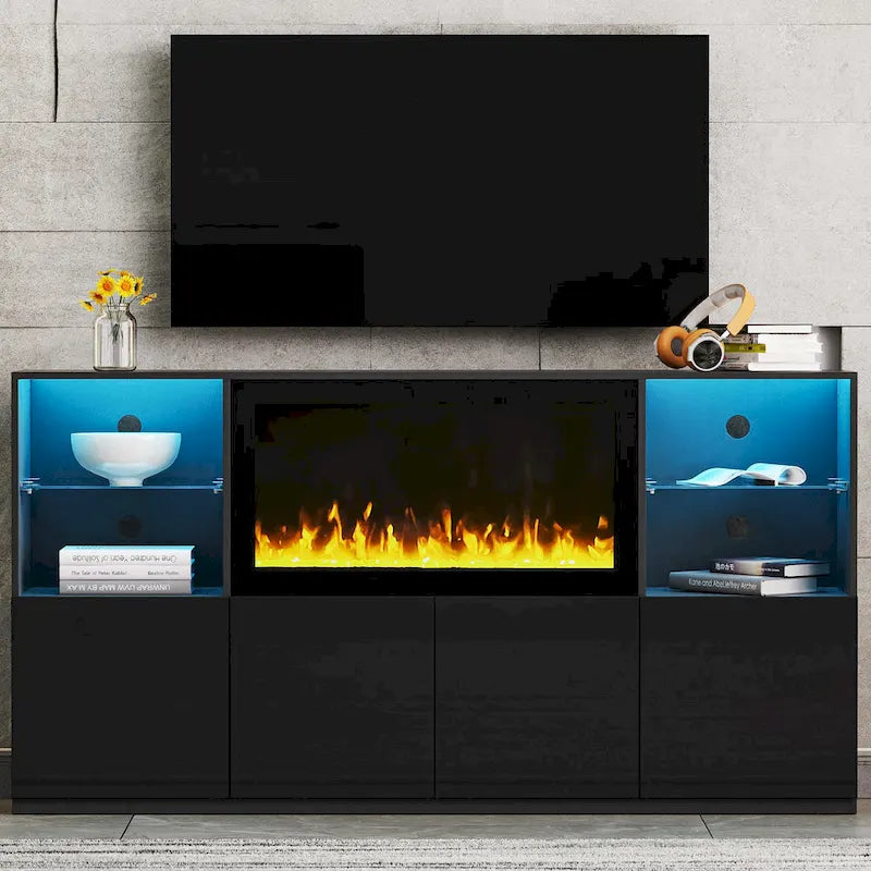 Meuble TV avec cheminée électrique non chauffante de 34,2", meuble de divertissement avec lumières LED, étagères en verre trempé pour TV jusqu'à 75"