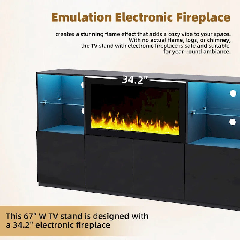 Meuble TV avec cheminée électrique non chauffante de 34,2", meuble de divertissement avec lumières LED, étagères en verre trempé pour TV jusqu'à 75"