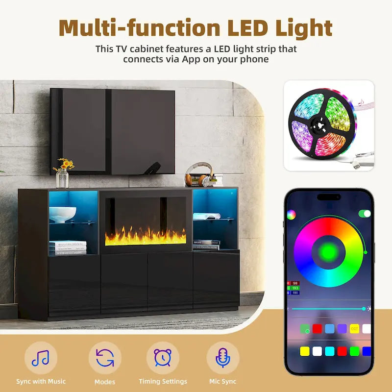 Meuble TV avec cheminée électrique non chauffante de 34,2", meuble de divertissement avec lumières LED, étagères en verre trempé pour TV jusqu'à 75"
