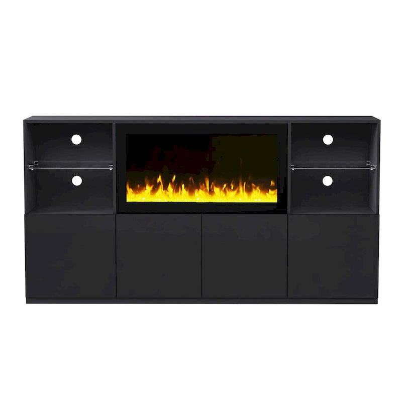 Meuble TV avec cheminée électrique non chauffante de 34,2", meuble de divertissement avec lumières LED, étagères en verre trempé pour TV jusqu'à 75"