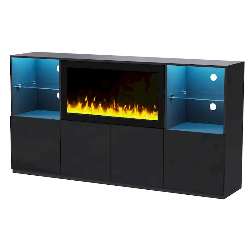 Meuble TV avec cheminée électrique non chauffante de 34,2", meuble de divertissement avec lumières LED, étagères en verre trempé pour TV jusqu'à 75"
