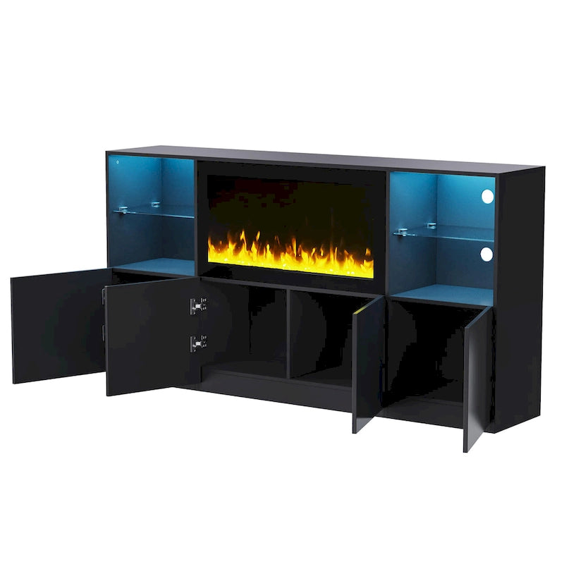 Meuble TV avec cheminée électrique non chauffante de 34,2", meuble de divertissement avec lumières LED, étagères en verre trempé pour TV jusqu'à 75"