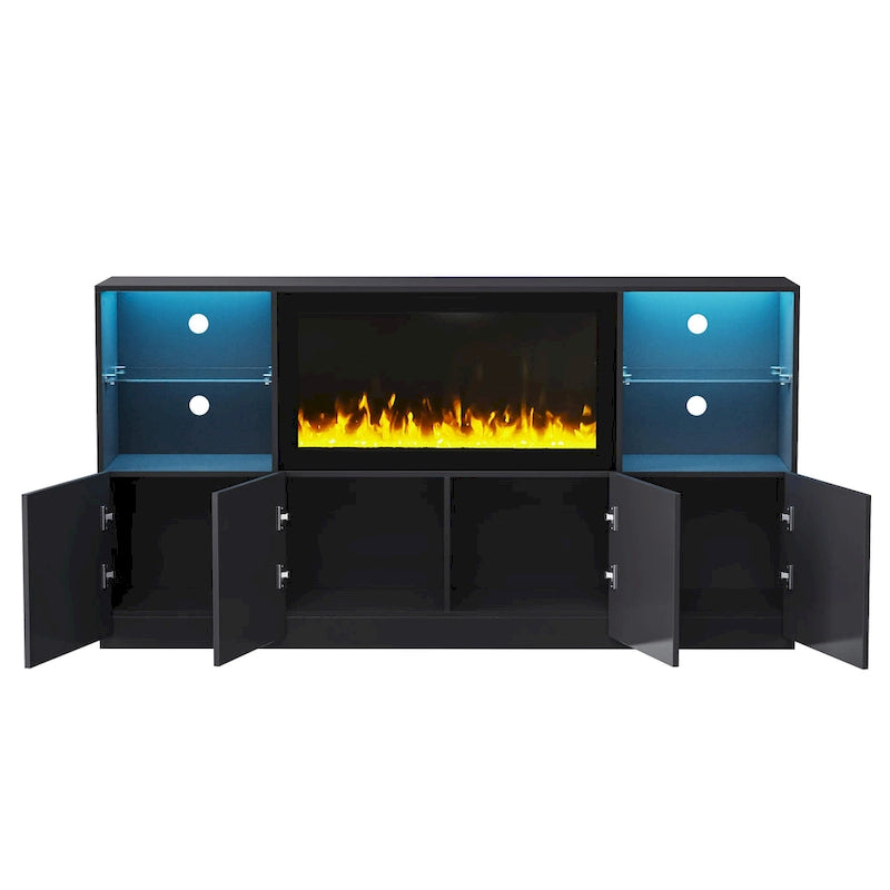 Meuble TV avec cheminée électrique non chauffante de 34,2", meuble de divertissement avec lumières LED, étagères en verre trempé pour TV jusqu'à 75"