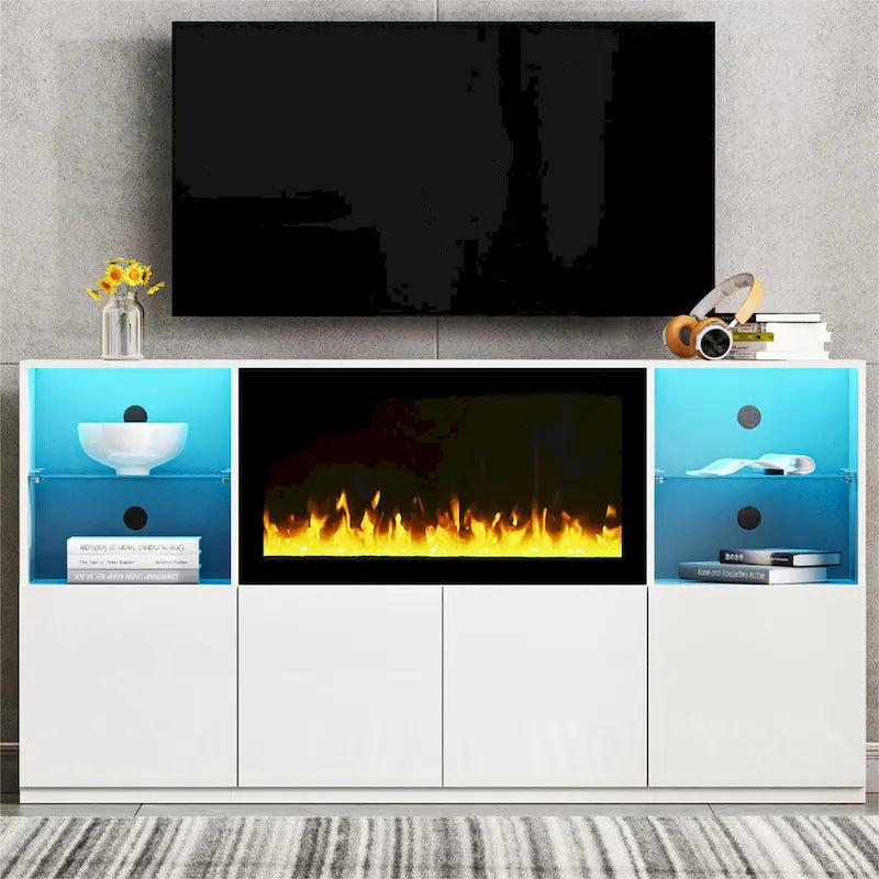 Meuble TV avec cheminée électrique non chauffante de 34,2", meuble de divertissement avec lumières LED, étagères en verre trempé pour TV jusqu'à 75"