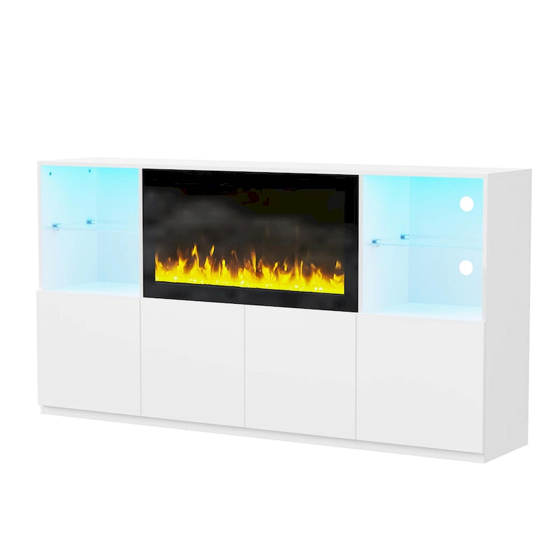 Meuble TV avec cheminée électrique non chauffante de 34,2", meuble de divertissement avec lumières LED, étagères en verre trempé pour TV jusqu'à 75"
