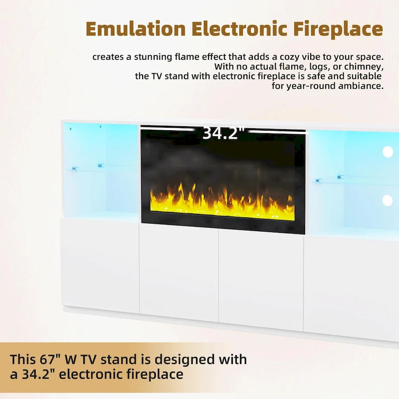 Meuble TV avec cheminée électrique non chauffante de 34,2", meuble de divertissement avec lumières LED, étagères en verre trempé pour TV jusqu'à 75"