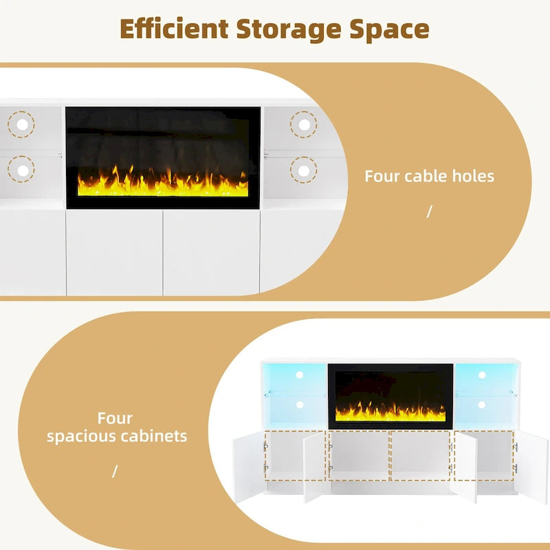 Meuble TV avec cheminée électrique non chauffante de 34,2", meuble de divertissement avec lumières LED, étagères en verre trempé pour TV jusqu'à 75"