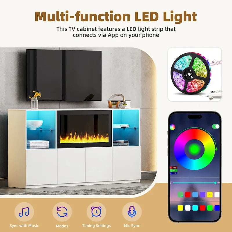 Meuble TV avec cheminée électrique non chauffante de 34,2", meuble de divertissement avec lumières LED, étagères en verre trempé pour TV jusqu'à 75"