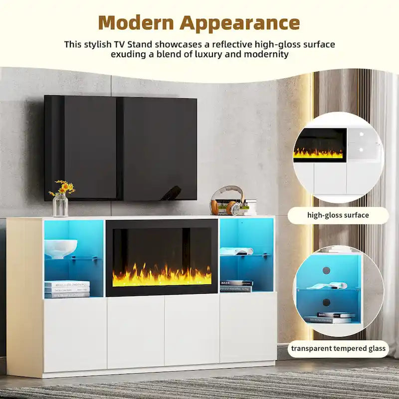 Meuble TV avec cheminée électrique non chauffante de 34,2", meuble de divertissement avec lumières LED, étagères en verre trempé pour TV jusqu'à 75"
