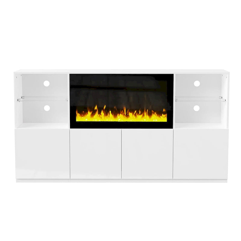 Meuble TV avec cheminée électrique non chauffante de 34,2", meuble de divertissement avec lumières LED, étagères en verre trempé pour TV jusqu'à 75"