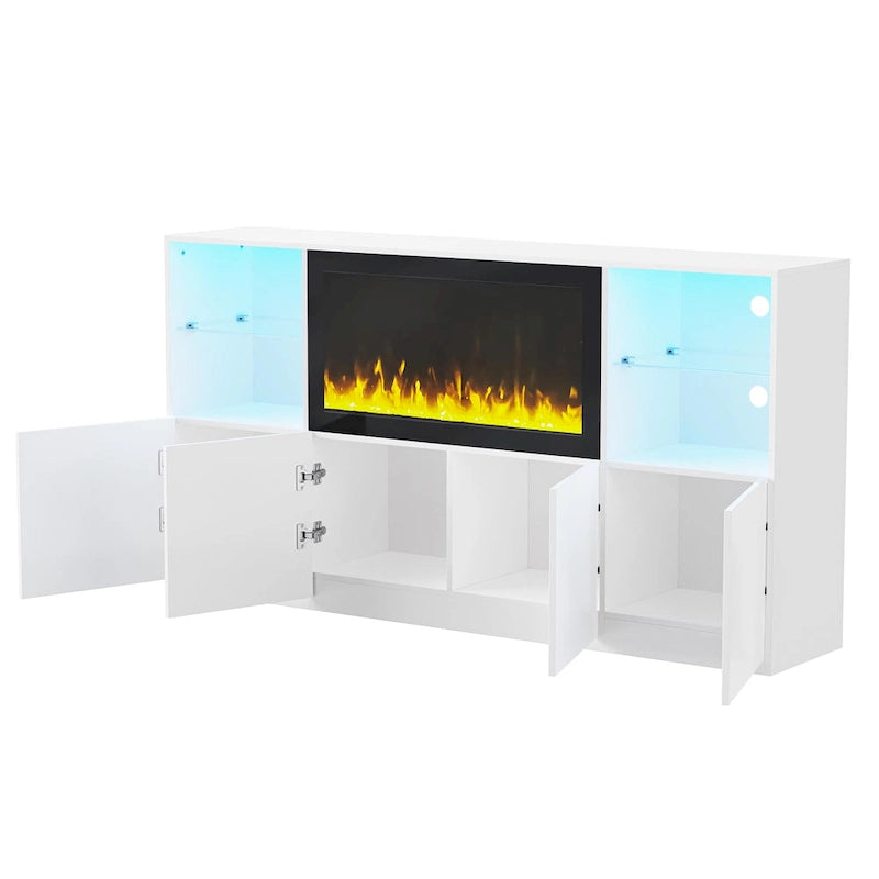 Meuble TV avec cheminée électrique non chauffante de 34,2", meuble de divertissement avec lumières LED, étagères en verre trempé pour TV jusqu'à 75"