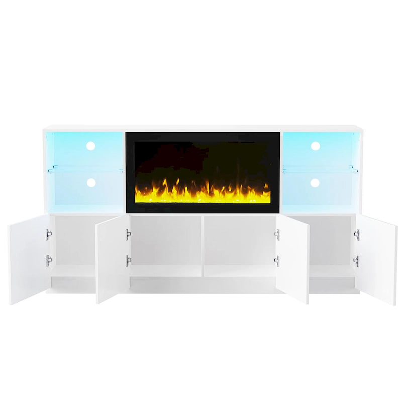 Meuble TV avec cheminée électrique non chauffante de 34,2", meuble de divertissement avec lumières LED, étagères en verre trempé pour TV jusqu'à 75"