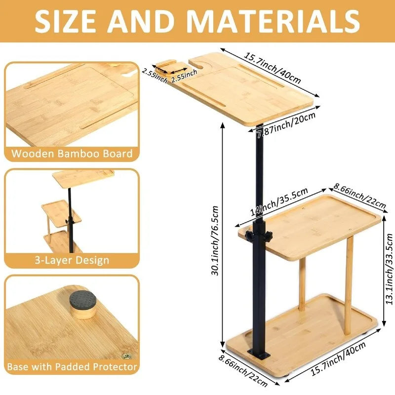 Table d'appoint en C à 3 niveaux pour accoudoir de canapé - 35,5L x 15,7W x 76,5H