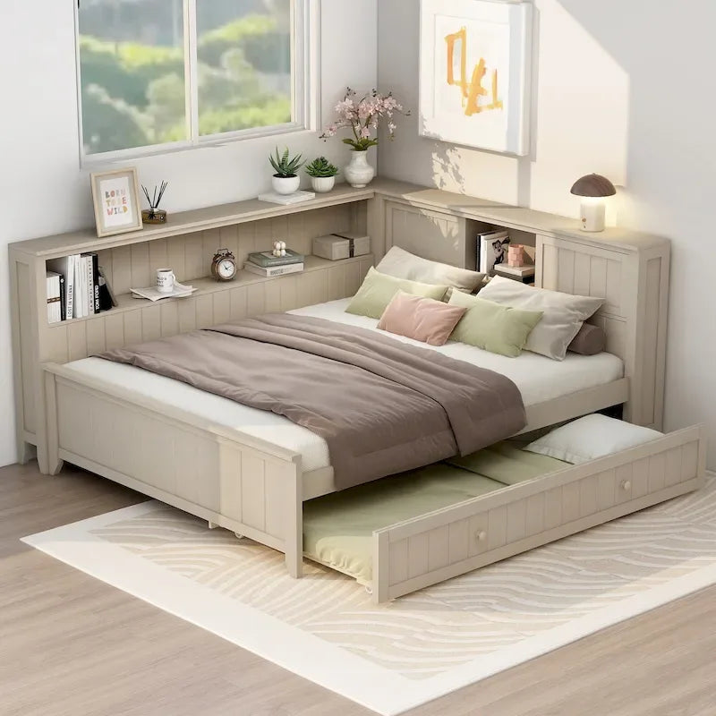 Lit de repos double en bois avec lit gigogne et étagères de rangement - Alternative convertible au canapé-lit - Idéal pour les petits espaces