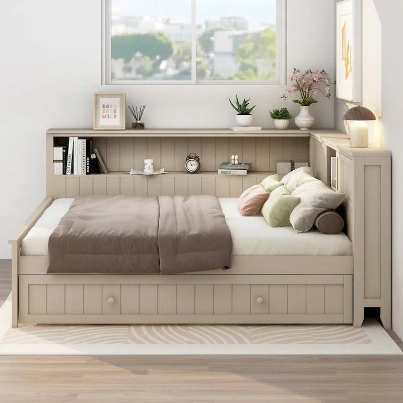 Lit de repos double en bois avec lit gigogne et étagères de rangement - Alternative convertible au canapé-lit - Idéal pour les petits espaces