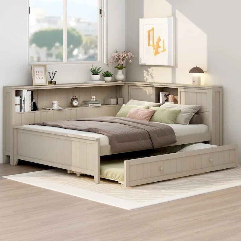 Lit de repos double en bois avec lit gigogne et étagères de rangement - Alternative convertible au canapé-lit - Idéal pour les petits espaces