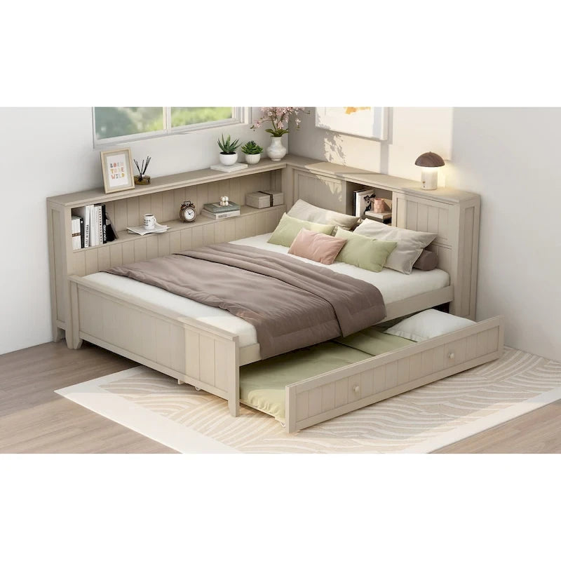 Lit de repos double en bois avec lit gigogne et étagères de rangement - Alternative convertible au canapé-lit - Idéal pour les petits espaces