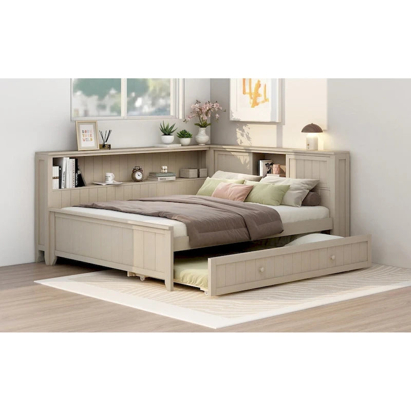 Lit de repos double en bois avec lit gigogne et étagères de rangement - Alternative convertible au canapé-lit - Idéal pour les petits espaces