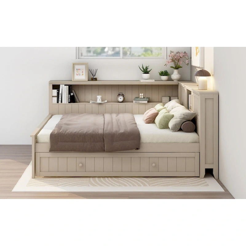 Lit de repos double en bois avec lit gigogne et étagères de rangement - Alternative convertible au canapé-lit - Idéal pour les petits espaces