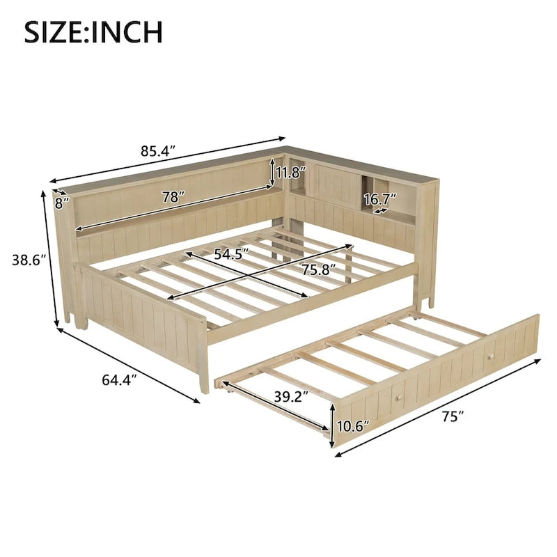 Lit de repos double en bois avec lit gigogne et étagères de rangement - Alternative convertible au canapé-lit - Idéal pour les petits espaces