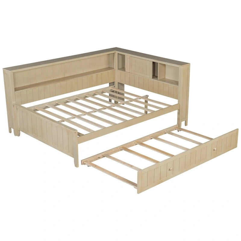 Lit de repos double en bois avec lit gigogne et étagères de rangement - Alternative convertible au canapé-lit - Idéal pour les petits espaces