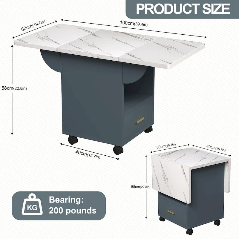 Table à manger pliante en bois massif de 39,4 po avec 4 roulettes et tiroir