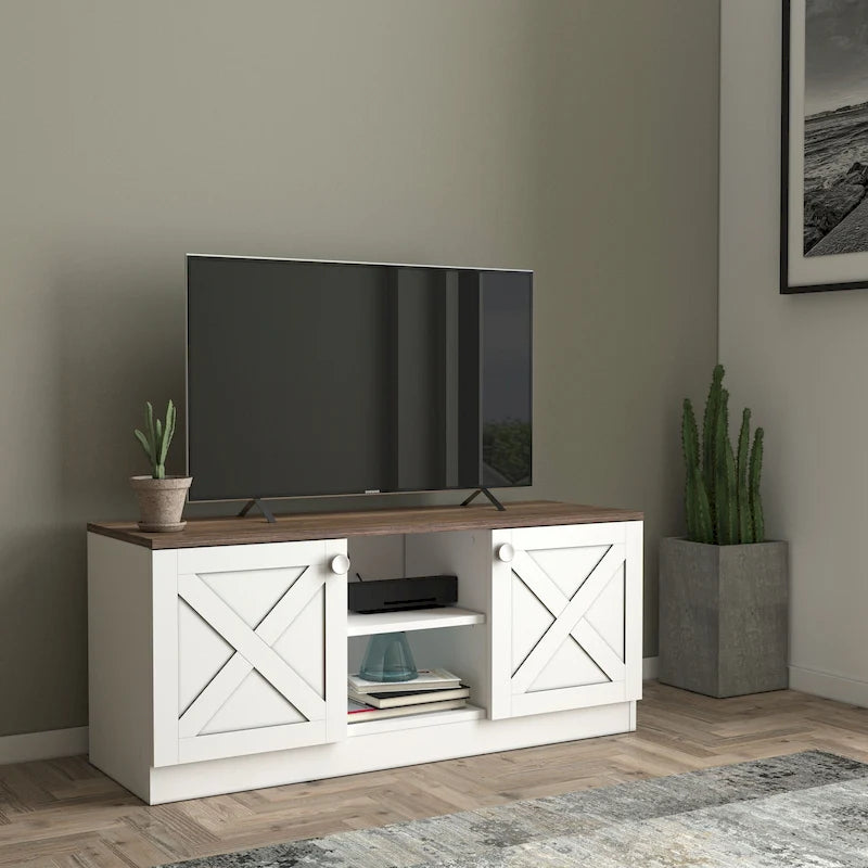 Meuble TV avec 2 Portes de Rangement, Finition Bois, Meuble Bas de Salon