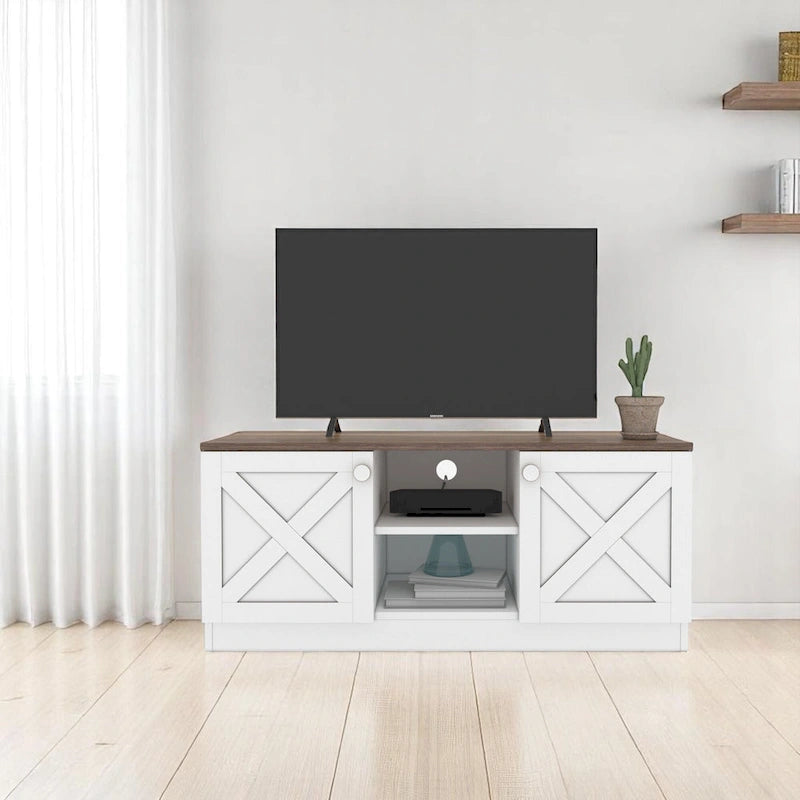 Meuble TV avec 2 Portes de Rangement, Finition Bois, Meuble Bas de Salon