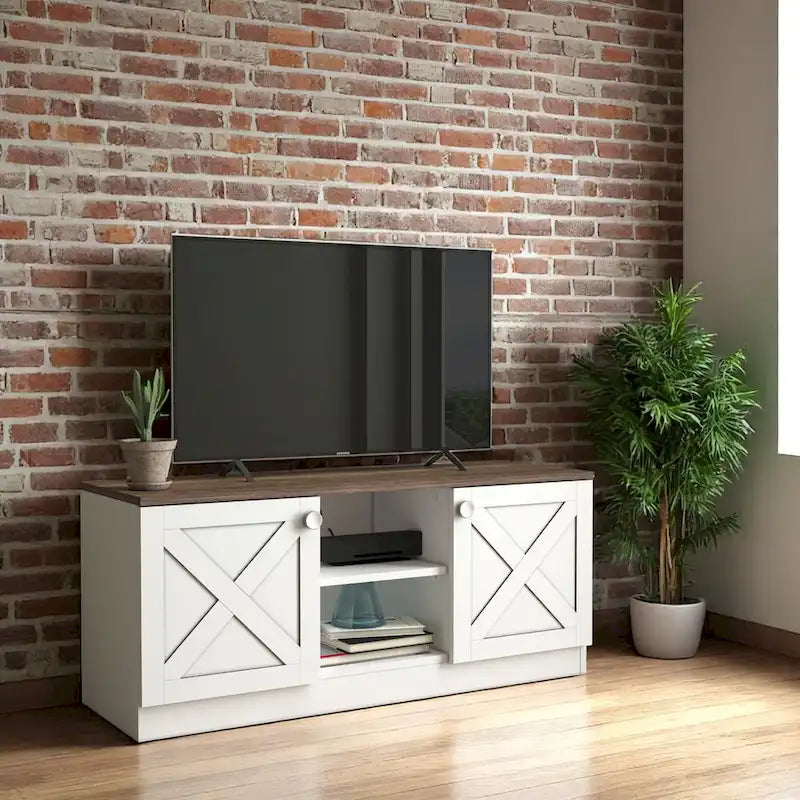 Meuble TV avec 2 Portes de Rangement, Finition Bois, Meuble Bas de Salon