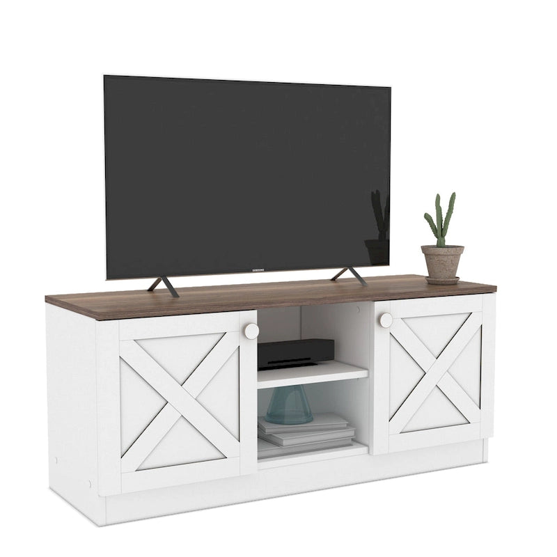 Meuble TV avec 2 Portes de Rangement, Finition Bois, Meuble Bas de Salon