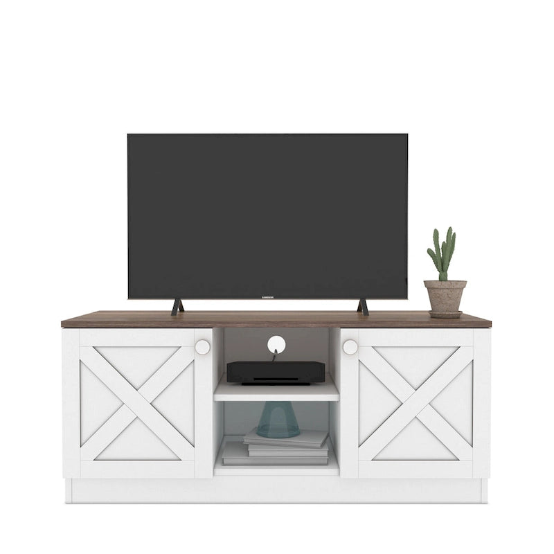 Meuble TV avec 2 Portes de Rangement, Finition Bois, Meuble Bas de Salon