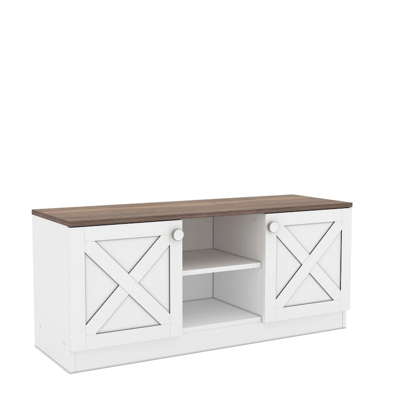 Meuble TV avec 2 Portes de Rangement, Finition Bois, Meuble Bas de Salon