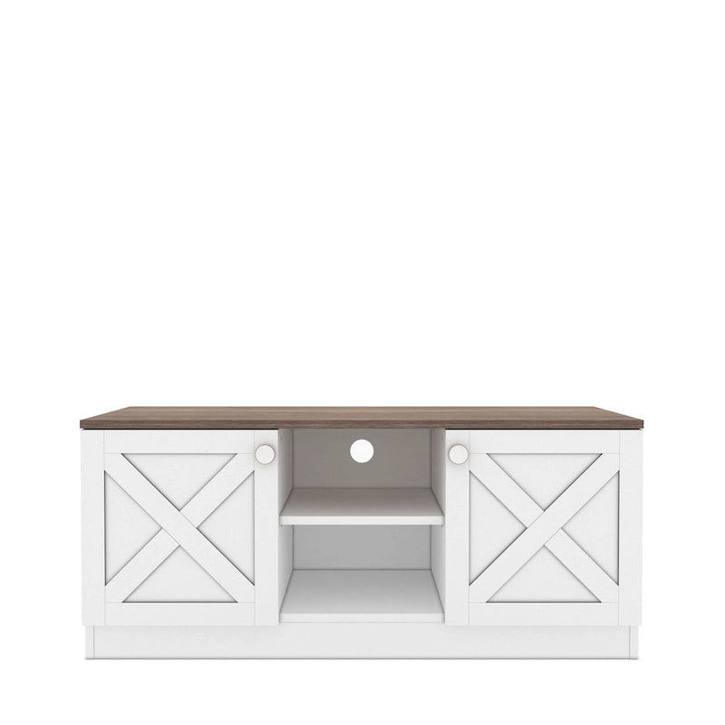 Meuble TV avec 2 Portes de Rangement, Finition Bois, Meuble Bas de Salon