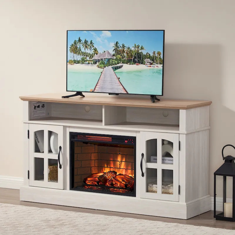 Meuble TV moderne et simple avec 2 placards de rangement et cheminée électrique pour salon, cinéma maison et chambre à coucher