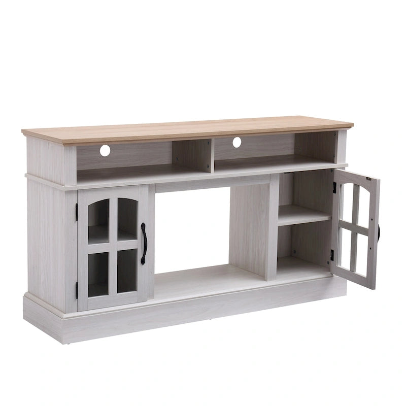 Meuble TV moderne et simple avec 2 placards de rangement et cheminée électrique pour salon, cinéma maison et chambre à coucher