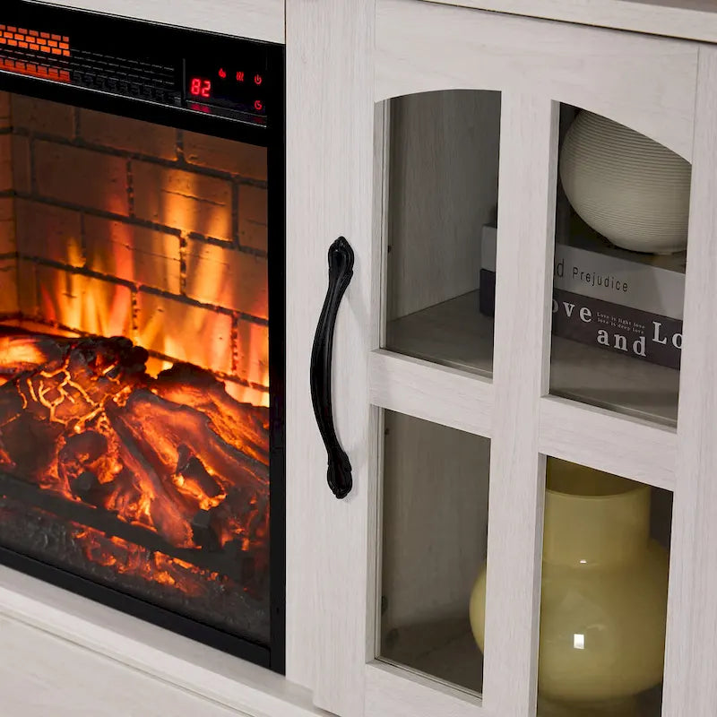 Meuble TV moderne et simple avec 2 placards de rangement et cheminée électrique pour salon, cinéma maison et chambre à coucher
