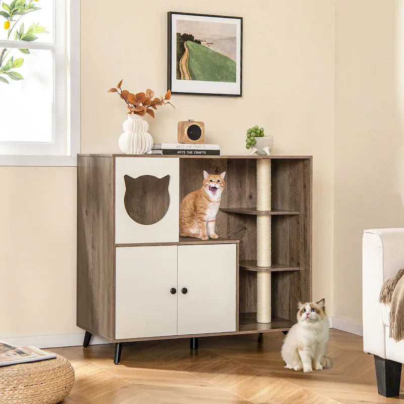 Meuble de litière pour chat 5-en-1 agrandi