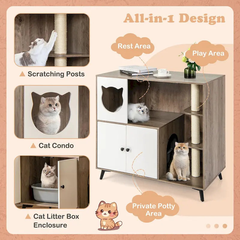 Meuble de litière pour chat 5-en-1 agrandi