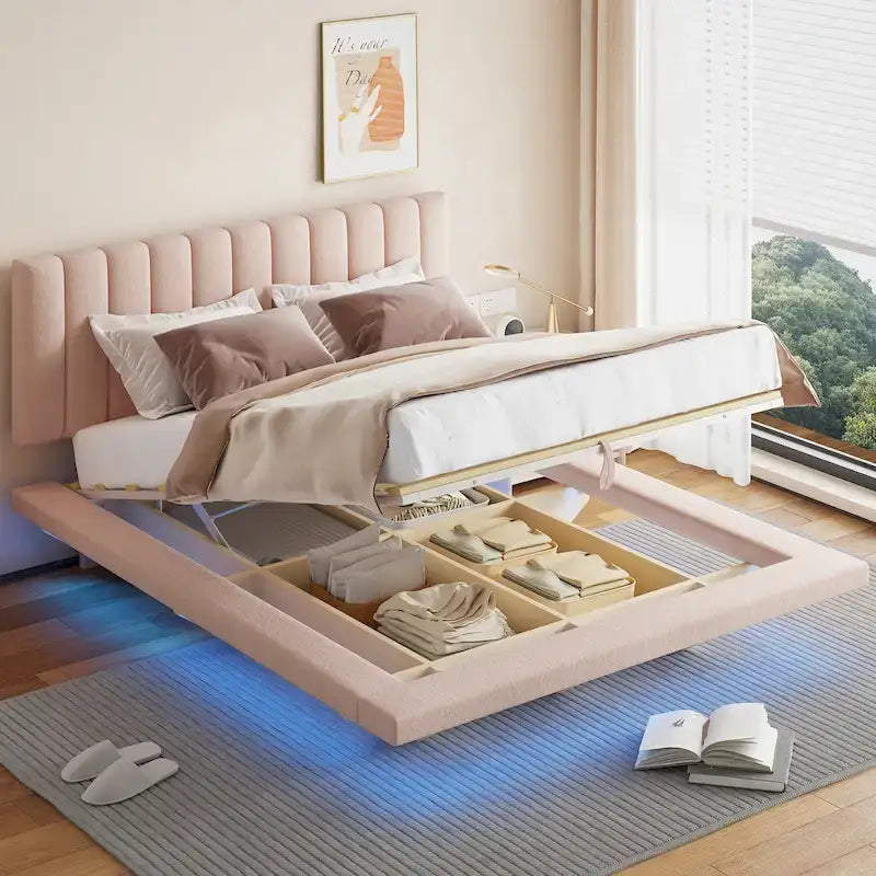 Queen Size Floating Bed with LED Light and USB