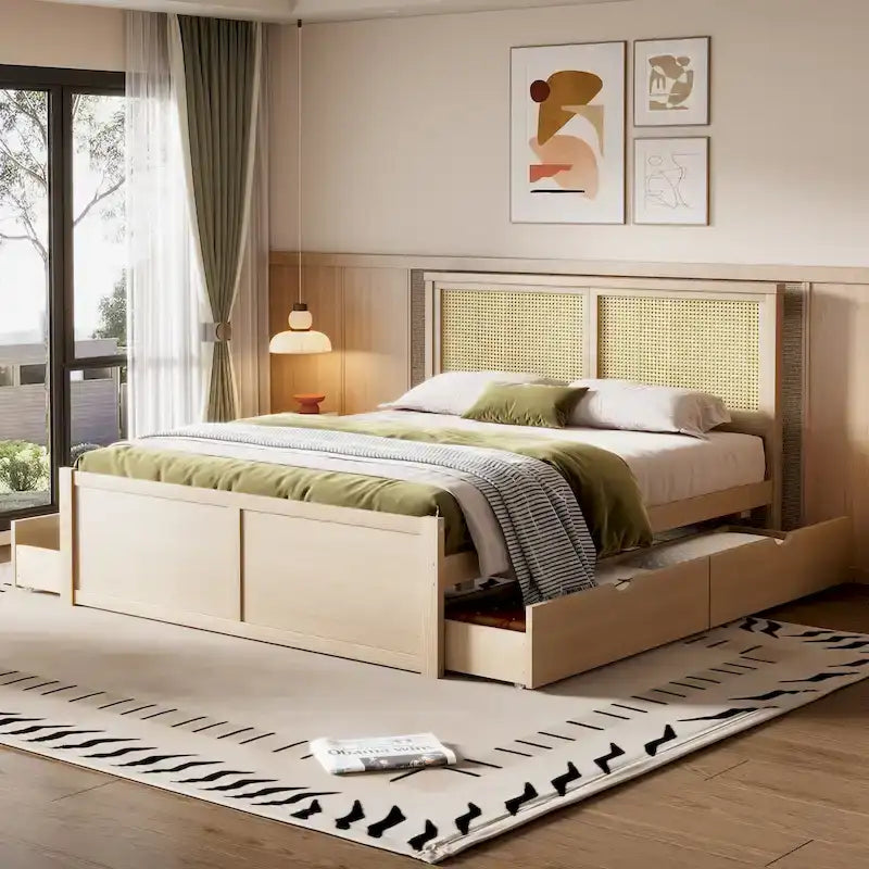 Lit plateforme de rangement en bois avec 4 tiroirs et tête de lit en rotin