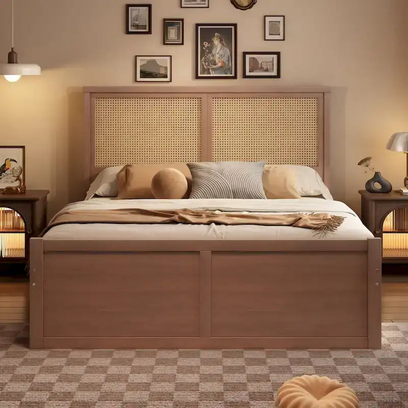 Lit plateforme de rangement en bois avec 4 tiroirs et tête de lit en rotin