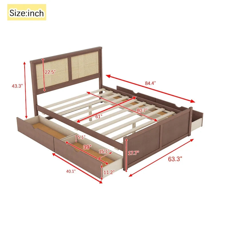 Lit plateforme de rangement en bois avec 4 tiroirs et tête de lit en rotin