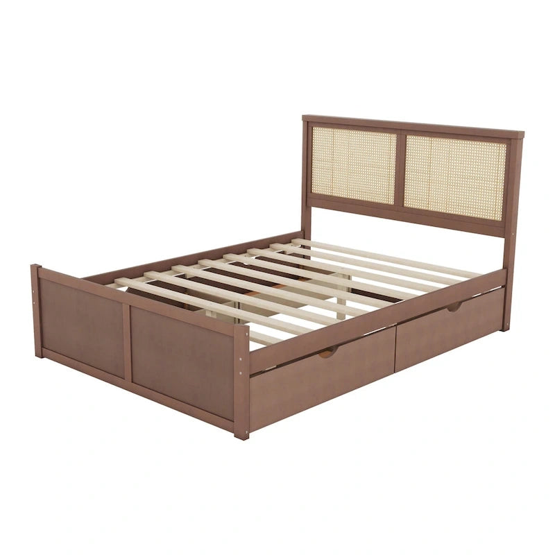 Lit plateforme de rangement en bois avec 4 tiroirs et tête de lit en rotin