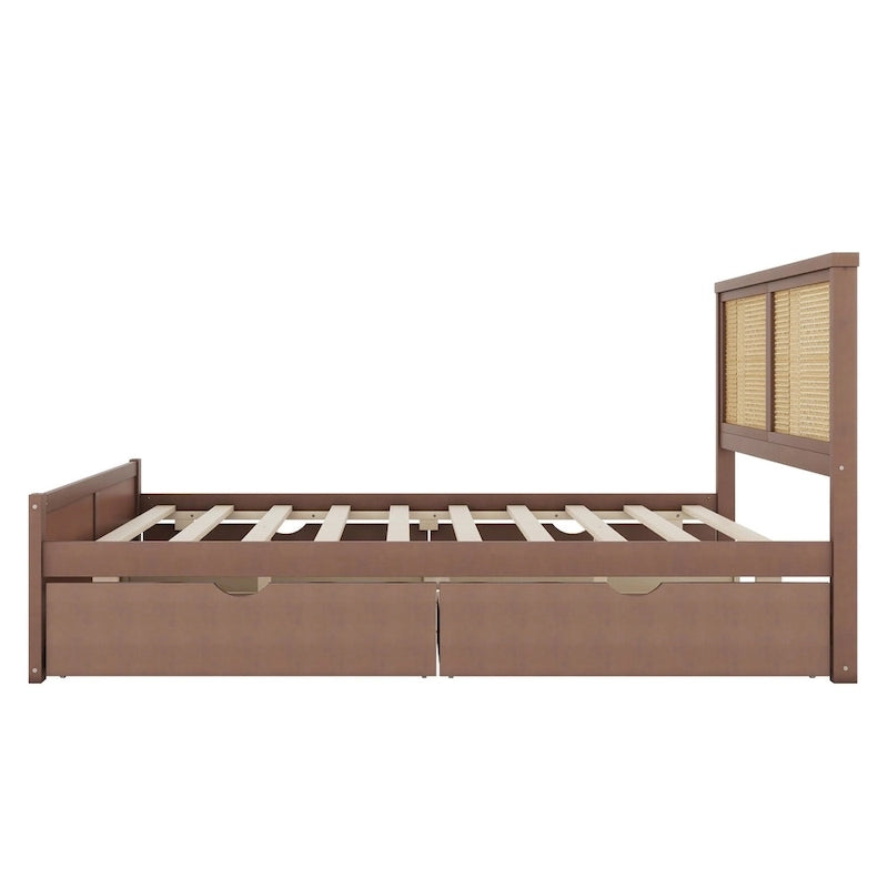 Lit plateforme de rangement en bois avec 4 tiroirs et tête de lit en rotin