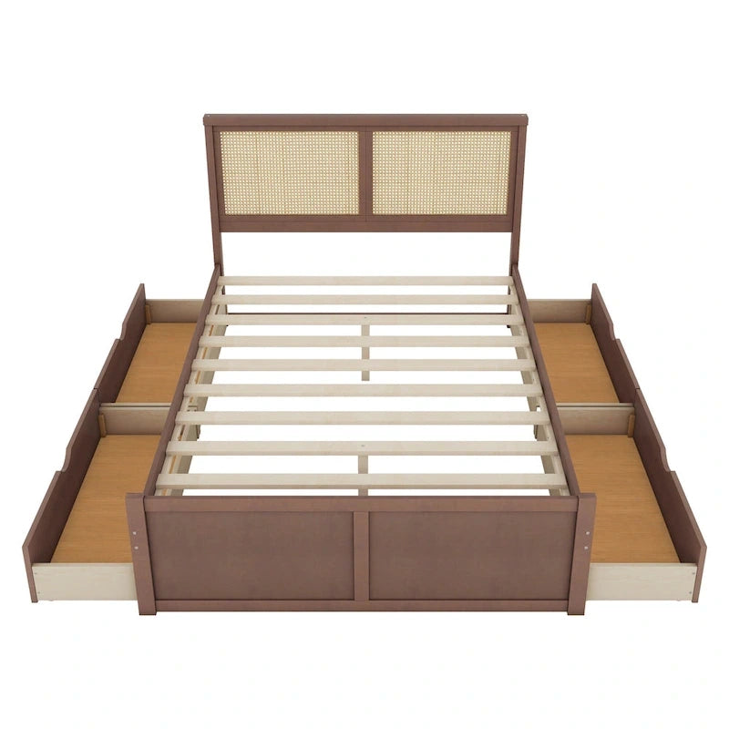 Lit plateforme de rangement en bois avec 4 tiroirs et tête de lit en rotin