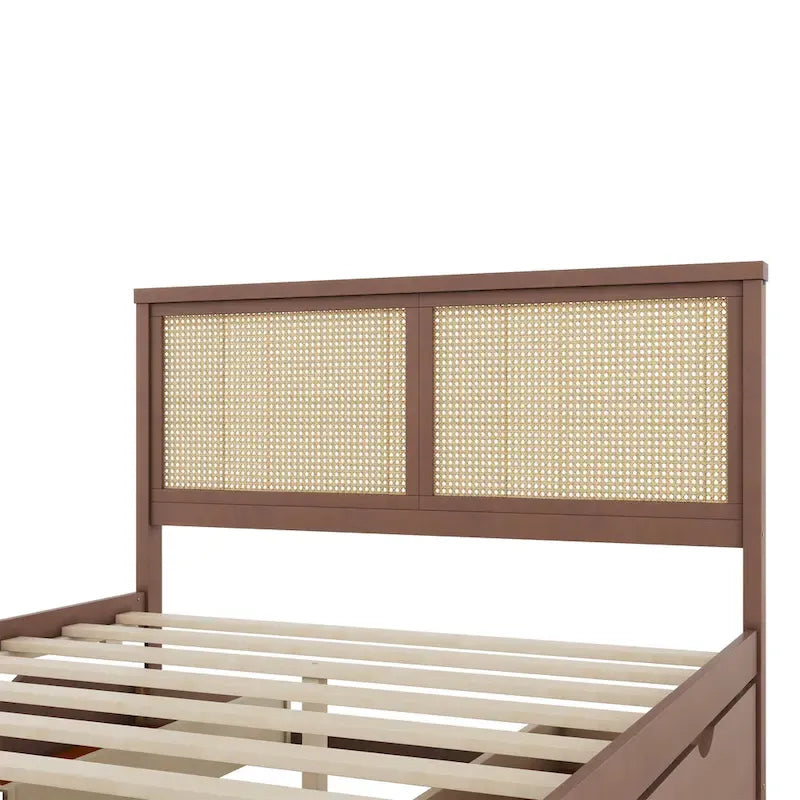Lit plateforme de rangement en bois avec 4 tiroirs et tête de lit en rotin