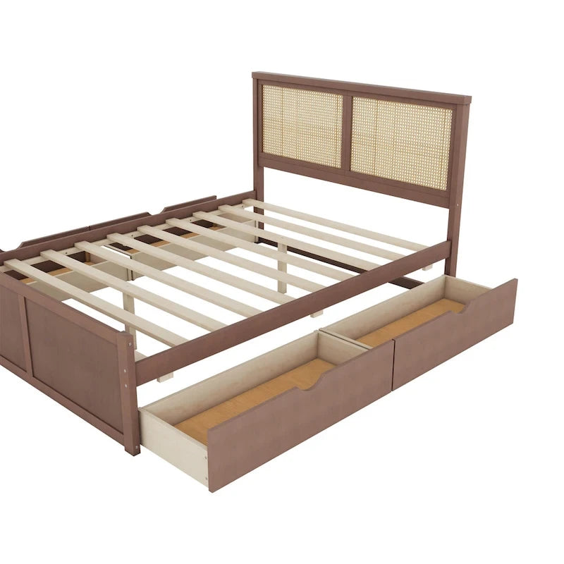 Lit plateforme de rangement en bois avec 4 tiroirs et tête de lit en rotin