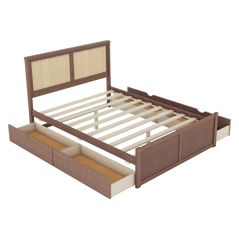 Lit plateforme de rangement en bois avec 4 tiroirs et tête de lit en rotin